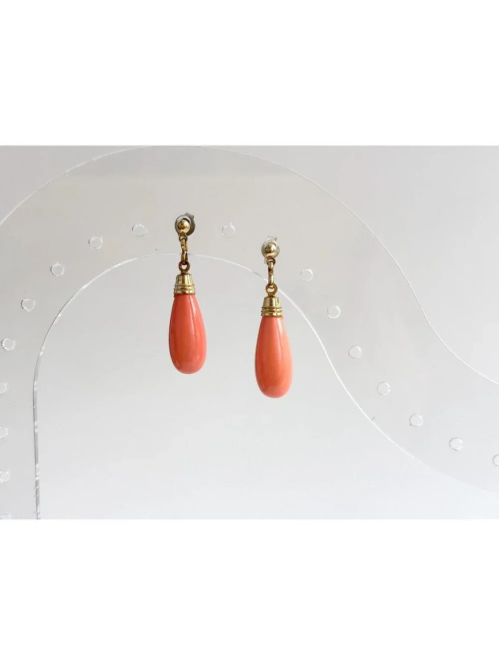 Art Deco Style Faux Coral Gold T Teardrop Vintage Sterling Silver 925 Earrings